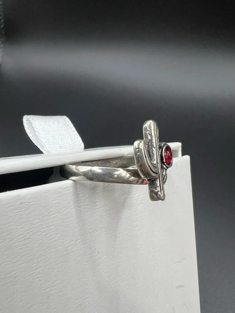 Silver Cactus Ring with Red Zirconia- Women Ring, Size: 9